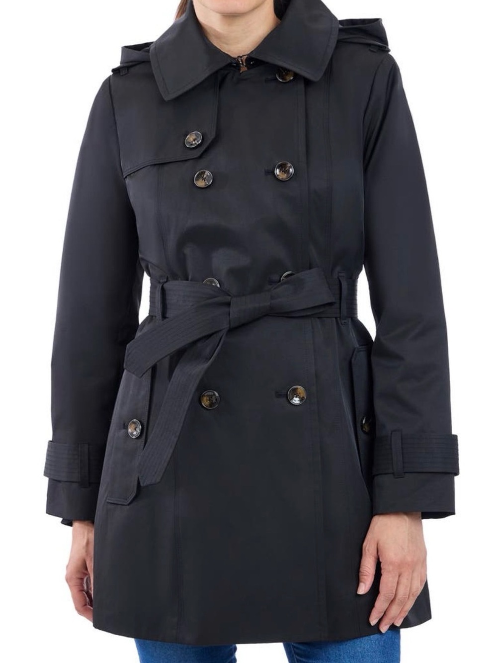 Relativity Black Double-Breasted Trench with Belted Waist